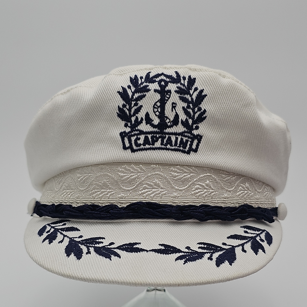 White Captain Hat with Navy Embroidery